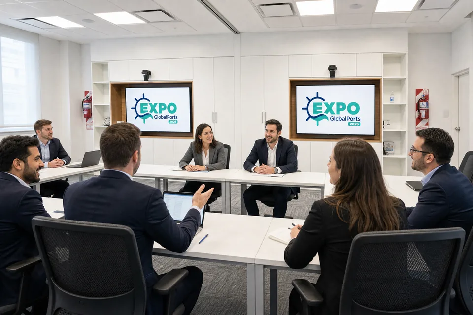 Workshop en una sala de reuniones: participantes alrededor de mesas en U, con el logo de la Expo GlobalPorts 2026 en las pantallas